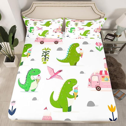 Summer Ice Cream Truck Fitted Bottom Sheet Twin Size,Kawaii Dinosaur Animals Sheet Set Soft Polyester Bedding,Rustic Flowers Dino Wildlife Bed Cover(1 Fitted Sheet+1 Pillow Case)