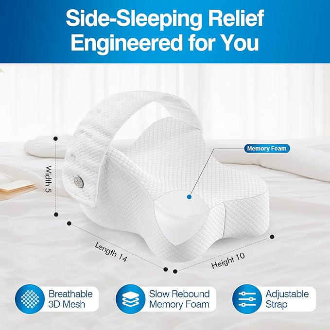 Knee Pillow for Side Sleepers, Memory Foam LegPillow Between Knees, Relieves Back, Hip & Knee PainWhile Aligning Spine, Adjustable Strap, 14 Inch (White)