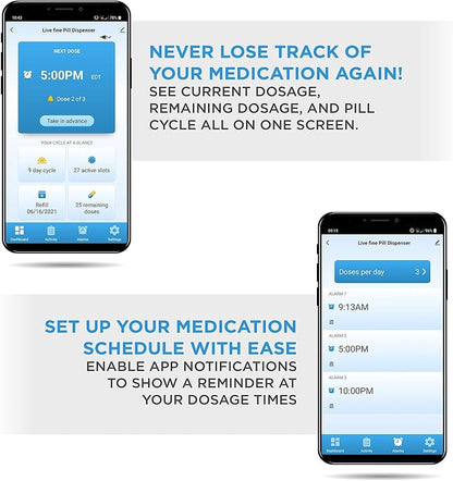 Live Fine Smart WiFi Automatic Pill Dispenser Frosted Lid | 28-Day Medication Organizer Up to 9 Doses Per Day for Care Monitoring with Lock Key, Light/Sound Alarms for Prescriptions & Vitamins