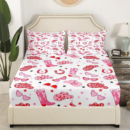 Western Cowgirl Bedding Set Full Size,Tribal Texas Stars Horseshoe Boots Hats Fitted Sheet,Princess Girly Red Pink Starry Sheet Set for Kids Teens Adults Bedroom Decor,2 Pillowcases