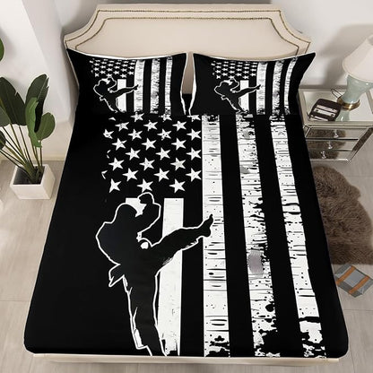 Manfei Taekwondo Fitted Sheet Queen Size, Japanese Style Sports Theme Bedding Set 3pcs, American Flag Print Bed Cover with 2 Pillowcases, Kids Boys Teen Room Decor, Soft Bedding(No Top Sheet)