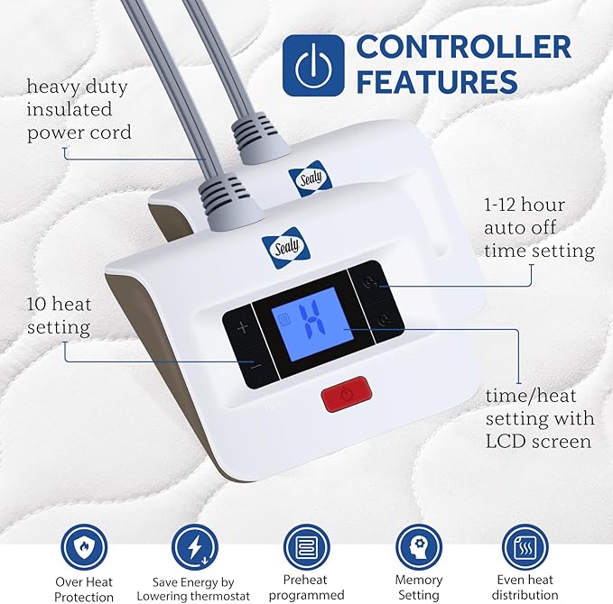 Sealy Heated Mattress Pad Cal King Size, Luxury Quilted Electric Bed Warmer with Dual Controller 10 Heat Settings & Auto Off 1-12 Hours | Fit Up to 17" Deep Pocket | ETL Certified | Machine Washable