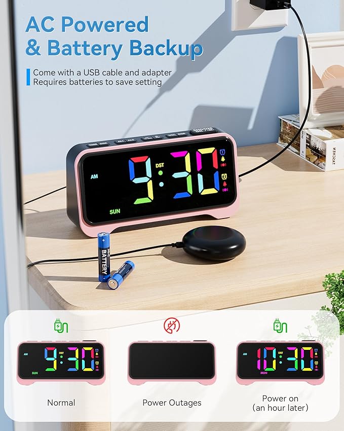 Loud Alarm Clock for Heavy Sleepers Adults, Bed Shaker Alarm Clock with 10-Color Modes/Night Light/USB Charger/7 Dimmer/Battery Backup, Vibrating Alarm Clocks for Hearing Impaired Deaf, Kids, Teens