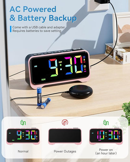 Loud Alarm Clock for Heavy Sleepers Adults, Bed Shaker Alarm Clock with 10-Color Modes/Night Light/USB Charger/7 Dimmer/Battery Backup, Vibrating Alarm Clocks for Hearing Impaired Deaf, Kids, Teens