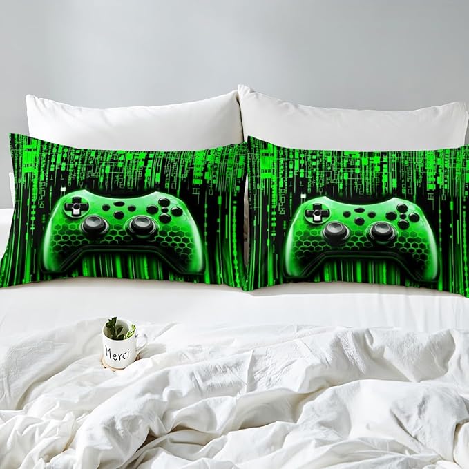 Manfei Gaming Gamepad Kids Sheet King Size,3D Neon Lights Geometric Bedding Set,Boys Girls Room Decor,Modern Videogames Gamer Controller Green Fashion Bed Sheet Set 4pcs(Fitted + Flat + 2 Pillowcases)