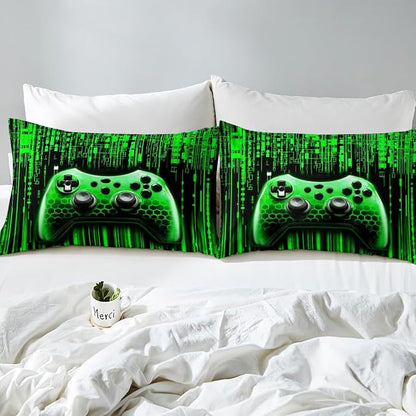 Manfei Gaming Gamepad Kids Sheet King Size,3D Neon Lights Geometric Bedding Set,Boys Girls Room Decor,Modern Videogames Gamer Controller Green Fashion Bed Sheet Set 4pcs(Fitted + Flat + 2 Pillowcases)