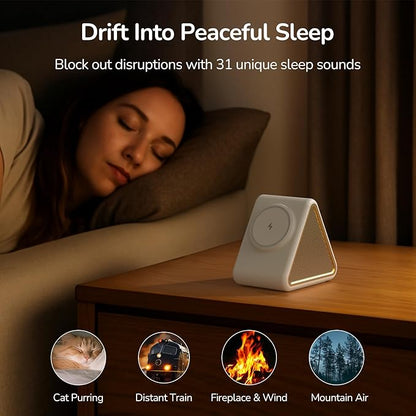 Housbay Sound Machine with Magnetic Wireless Charger for iPhone, 2-in-1 Design for Clutter-Free Nightstand, Dual-Speaker Stereo Sound for Sleeping - Cream
