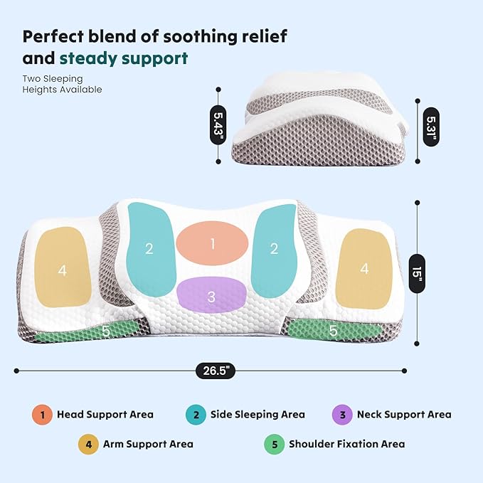 Sweetcrispy Cervical Pillow for Neck and Shoulder,Contour Memory Foam Pillow,Ergonomic Neck Support Pillow for Side Back Stomach Sleepers with Pillowcase, White & Grey
