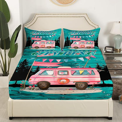 Happy Camping Kids Fitted Sheet Twin Size,Camper Truck RV Trailer Outdoor Adventure Bedding Set,Girls Women Room Decor,Woode Plank Rustic Bed Cover,Pink Teal Bed Sheet,1 Pillowcase(No Top Sheet)