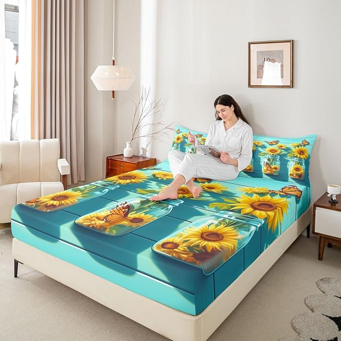 Yellow Sunflower Kids Twin Size Fitted Sheet,Farmhouse Floral Flower Boys Girls Bed Sheets,Butterfly Rustic Wooden Room Decor,Teal Yellow Bedding Set,1 Pillowcase(No Flat)