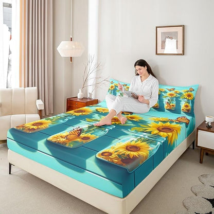 Yellow Sunflower Kids Twin Size Fitted Sheet,Farmhouse Floral Flower Boys Girls Bed Sheets,Butterfly Rustic Wooden Room Decor,Teal Yellow Bedding Set,1 Pillowcase(No Flat)