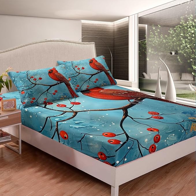 Red Bird Fitted Sheet King Size 4 Pcs,Winter Plum Blossom Garden Parrot Teens Sheets,Rustic Farmhouse Animal Natural Blue Bedding Sets (1 Fitted,1 Flat,2 Pillowcases)