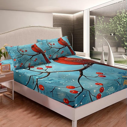 Red Bird Fitted Sheet King Size 4 Pcs,Winter Plum Blossom Garden Parrot Teens Sheets,Rustic Farmhouse Animal Natural Blue Bedding Sets (1 Fitted,1 Flat,2 Pillowcases)