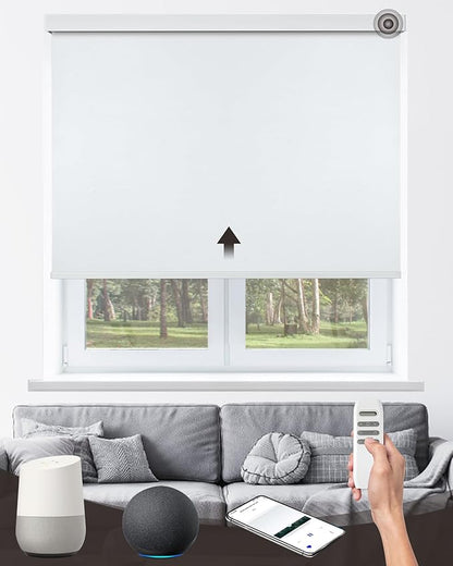 Motorized Roller Shade with Remote Control, 100% Blackout Electric 21-98” Width Blinds for Windows with Alexa Google Home, Rechargeable Smart Automatic Customized Size（Waterproof-White）