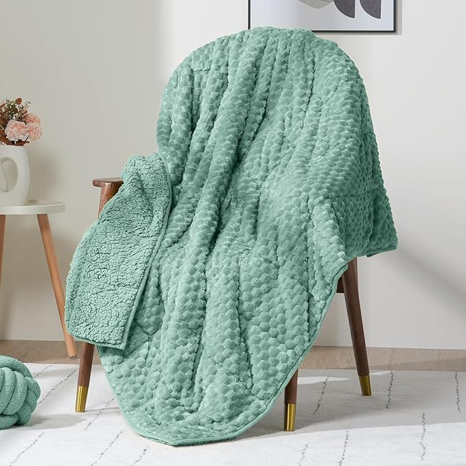Wemore Fleece Weighted Blanket for Adults (80" x 87" 15lbs, Green), Dual Sided Cozy Soft Sherpa Heavy Blanket, 3D Imitation Turtle Shell Warm Jacquard Flannel Weighted Blankets for Couch and Bed