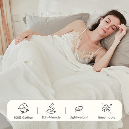 EMME Cotton Blanket for Couch Breathable Gauze All Season Soft and Lightweight Muslin White Throw Blankets for Adults (White, 50"x70")