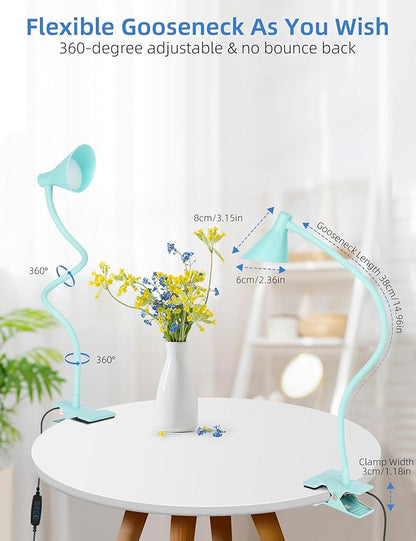 Reading Light for Bed, Clip-on Desk Lamp with Flexible Neck, 3 Color Modes & 10 Dimmable Brightness, Teal