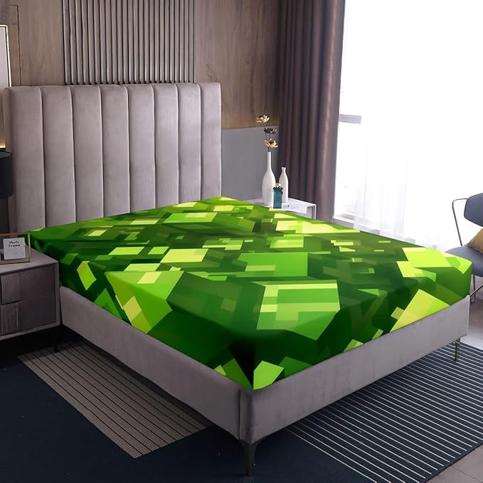 Pixelated Blocks Boys Girls Bed Sheets,Square Video Games Gamepad Room Decor,Geometric Grid Patchwork Kids Twin Size Fitted Sheet,Green Bedding Set,1 Pillowcase(No Flat)