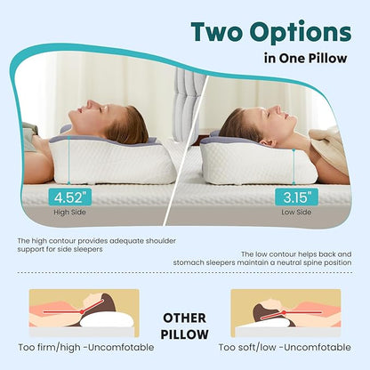 DUMOS Cervical Neck Pillow, Cooling Ergonomic Memory Foam Pillows for Neck Pain Relief with Breathable Pillowcase, Dual Height Orthopedic Support Contour Pillow for Side, Stomach Sleepers, Dark Grey