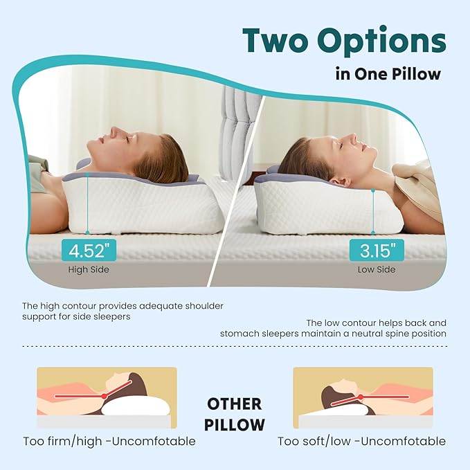 DUMOS Cervical Neck Pillow, Cooling Ergonomic Memory Foam Pillows for Neck Pain Relief with Breathable Pillowcase, Dual Height Orthopedic Support Contour Pillow for Side, Back, Stomach Sleepers, Grey