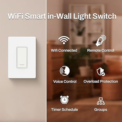 BN-LINK Smart Light Switch with Timer Function, Single Pole, 2.4GHz Wi-Fi in-Wall Switch, Neutral Wire Required, Compatible with Alexa and Google Assistant, No Hub Required, White(4 Pack)