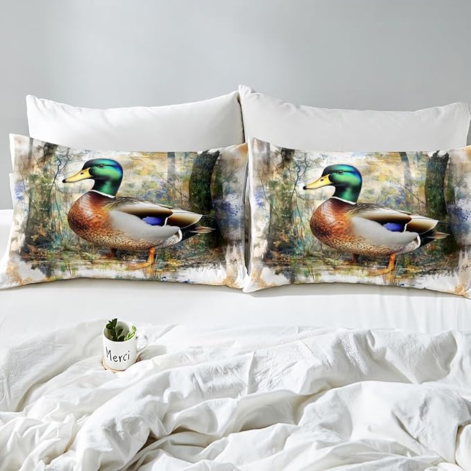 Mallard Duck Kids Fitted Sheet Twin Size,Tie-dye Graffiti Jungle Rustic Bedding Set,Boys Girls Room Decor,Hunting Animal Lake House Fishing Bed Cover,Green Bed Sheet,1 Pillowcase(No Top Sheet)