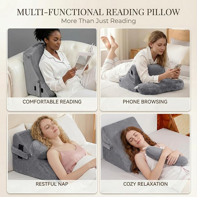AS AWESLING 19 INCH Reading Pillow for Adults, Back Pillow for Bed Sitting Up, Backrest Pillow for Sitting in Bed, Detachable Arms with Built-in Cup & Phone Caddy (Gray, 19 INCH)