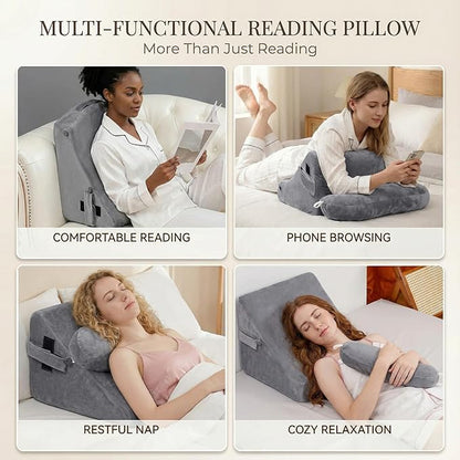 AS AWESLING 19 INCH Reading Pillow for Adults, Back Pillow for Bed Sitting Up, Backrest Pillow for Sitting in Bed, Detachable Arms with Built-in Cup & Phone Caddy (Gray, 19 INCH)