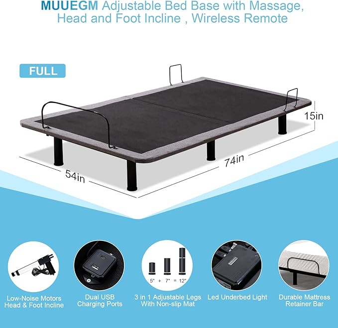 MUUEGM Adjustable Bed Frame Base Full with Massage 3 Modes,Wireless Remote Control,Ergonomic Motorized Head and Foot Incline,Zero Gravity,Anti-Snore,USB Ports,Easy Assembly,Nightlight,Memory Pre-Sets