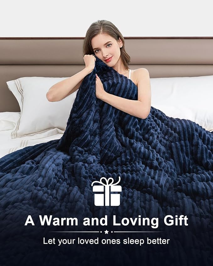 Sherpa Fleece Weighted Blanket with Ribbed Stripes for Adults, 15 lbs Dual Sided Cozy Warm Blanket for Couch Full Size Bed, Ceramic Beads Heavy Thick Blankets Great for Sleep, Navy Blue, 60" x 80"