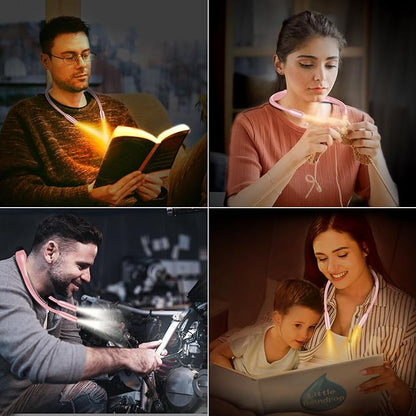 Gritin LED Neck Reading Light,Book Light for Reading in Bed-Eye Caring 3 Colors, Dimmable Brightness, Bendable Arms, 80+Hrs Runtime, Neck Round Design, Lightweight for Crafting, Knitting-Pink