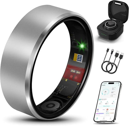 Smart Health Ring 2.0 for Women Men, Slim Scratch & Fingerprint Resistant Design,Efficient Chip Fitness Tracker, Monitors Heart, Blood Oxygen & Pressure, Sleep, Steps, Waterproof, Silver 9