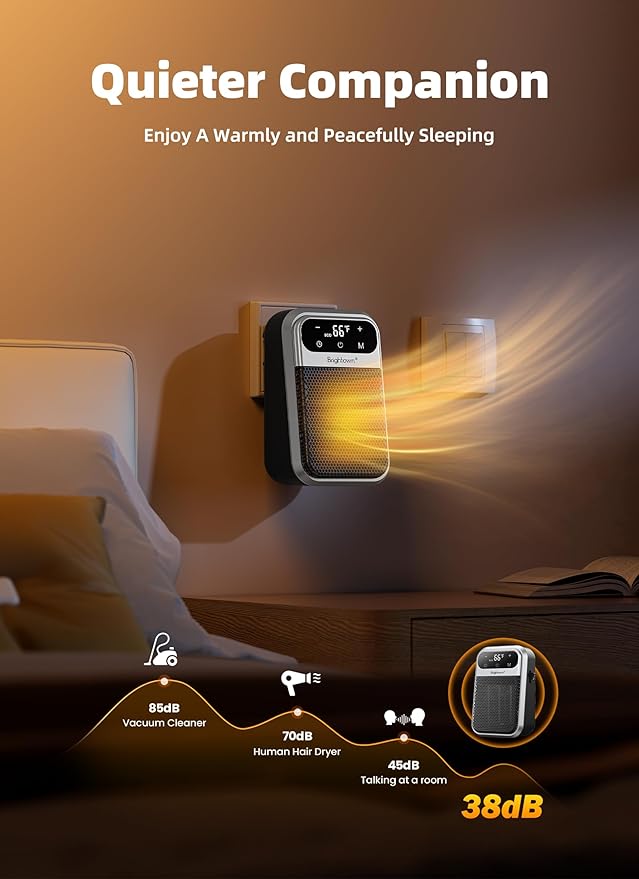 Brightown 800W Plug in Heater with Remote - Outlet Space Heater with Touch LED Display, Small Electric Wall Heaters for Indoor Use with Adjustable Thermostat and 12H Timer for Bathroom Office Bedroom