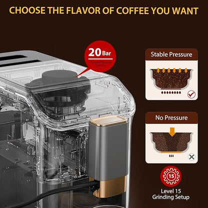 Espresso Maker With Milk Frother - Fully Automatic, 4-Beverage Options, Built-In Grinder, Intuitive Touch Display, and Sleek Gunmetal Finish