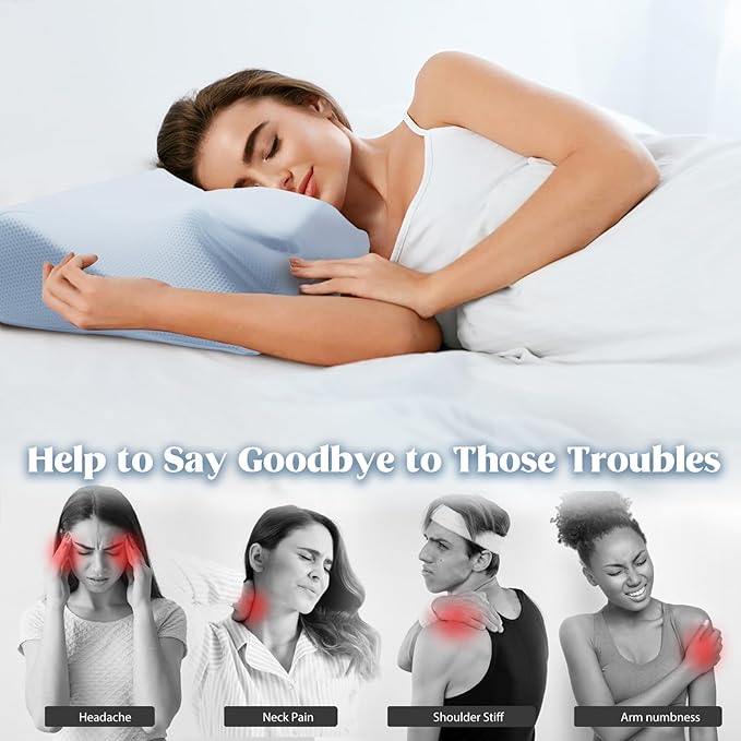 Cervical Pillow for Neck Pain Relief, Cooling Contour Memory Foam Pillows Support Odorless Ergonomic Neck Pillow Adjustable Orthopedic Bed Pillow for Side Back Stomach Sleeper with Pillowcase,Blue