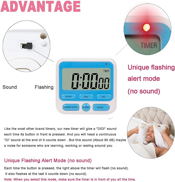 Digital Kitchen Timer with Mute/Loud Alarm, ON/Off Switch, 12 Hour Clock, Strong Magnet, Memory Function Count Up & Count Down for Kids Teachers Cooking, Large LCD Display, Easy Operation Timers(Pink)