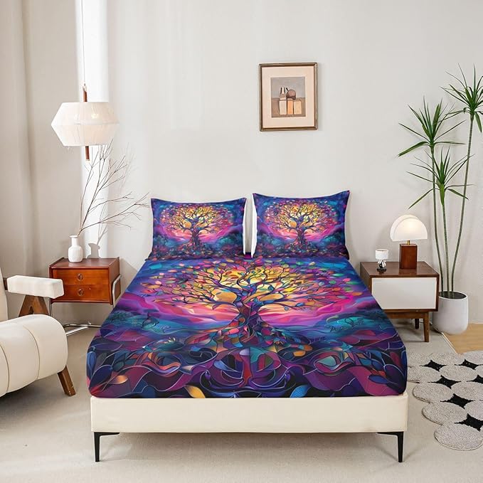 Tree of Life Kids Full Size Fitted Sheet,Stained Glass Leaves Abstract Room Decor,Aesthetic Nature Plant Boys Girls Bed Sheets,Colorful Bedding Set,2 Pillowcases(No Flat)