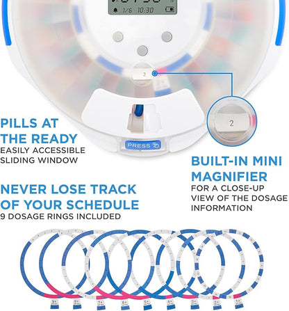 Live Fine Smart WiFi Automatic Pill Dispenser Frosted Lid | 28-Day Medication Organizer Up to 9 Doses Per Day for Care Monitoring with Lock Key, Light/Sound Alarms for Prescriptions & Vitamins