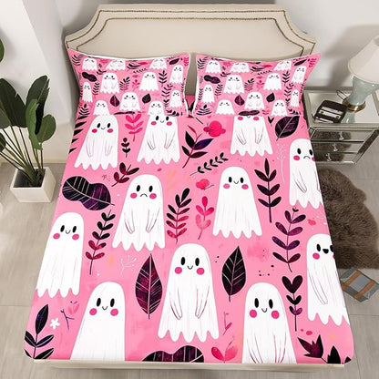 Cute Ghosts Fitted Sheet,Full Size Happy Halloween Ghost Kawaii Pink Collections,Rustic Farmhouse Botanical Leaves Natural Bedding Deep Pocket for Children Teens Young with 2 Pillowcases