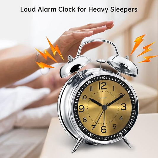 Peakeep Loud Alarm Clock for Heavy Sleepers Adults, Metal 4.5" Twin Bell Battery Operated Alarm Clocks for Bedrooms Decoration (Golden)…