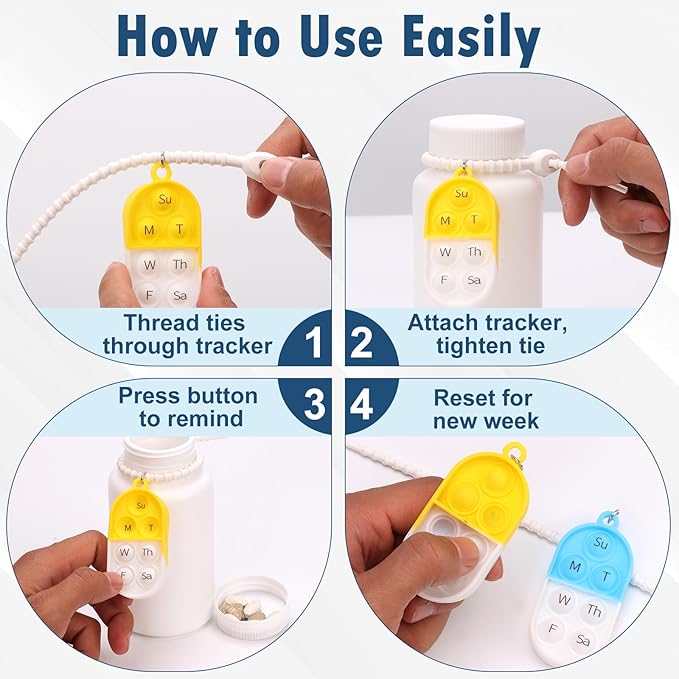 12 Pack Medication Pill Tracker Pill Reminder with Ties Reusable Daily Pill Tracker Portable Pill Bottle Tracker with Button 7 Day Memory Aid Medication Dose for Bottles The Elderly (12)