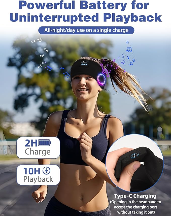Adjustable Sleeping Headphones, 2-Pack Headband Headphones with Fastener, Bluetooth Headband with Thin Speakers Mic for Men Women, Yoga, Running, Workout, Travel - Black&Gray