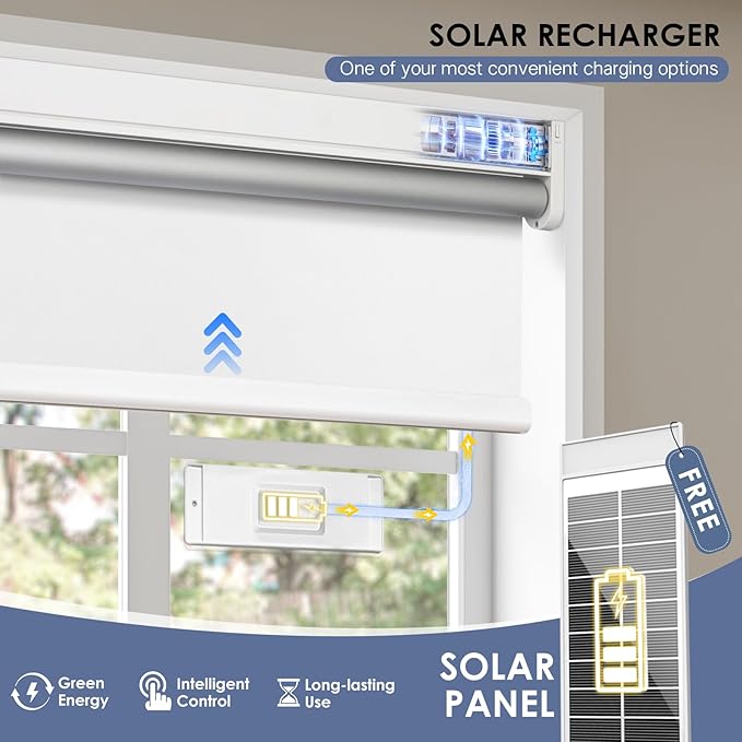 Motorized Blackout Smart Roller Blinds with Remote Control & Solar Panel - Automatic Electric Shades for Windows, Compatible with Alexa - White,35" W*72" H