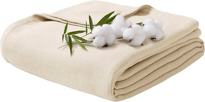 Queen Size Blanket, 70% Rayon (Derived from Bamboo) and 30% Cotton, Lightweight Jacquard Weave, Breathable and Soft Summer Blanket for Bed or Couch, 90” x 90”, Ivory