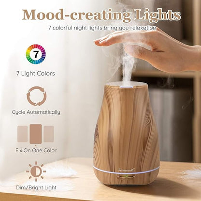 Aromatherapy Essential Oil Diffuser for Room: 100ml Air Humidifier Aroma Scent Cool Mist Diffusers Colorful Light Cute Mini Small Waterless Auto Off Ultrasonic for Home Bedroom (Yellow Wood Grain)