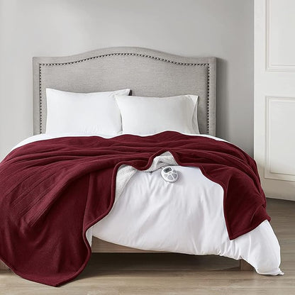 Serta Reversible Fleece to Sherpa Electric Blanket, Fast Heating, Auto Shut Off Timer, Multi Heat Setting, ETL Certified, Machine Washable, Berry Red Full 84"x 77"