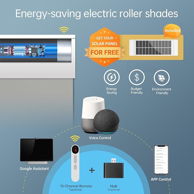 DENFOON Motorized Blinds with Remote,Thermal Electric Blinds【Solar Panel】,Customizable Automatic Roller Shades, Blackout Remote Control Blinds for Windows Upgrade to Smart Blinds, Gray,35½" W x 72" H