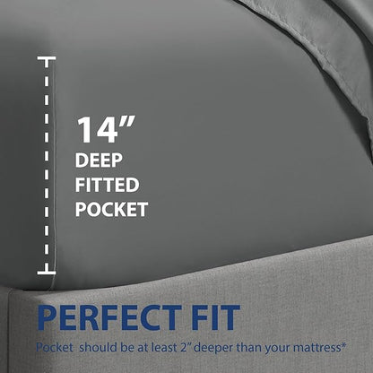 Cathay Home Twin Fitted Sheet - Double Brushed Ultra Soft – Wrinkle & Fade Resistant - 14" Standard Pocket Fitted Sheet Only - Good Fit for 12"-16" Deep Mattress (Twin, Gray)