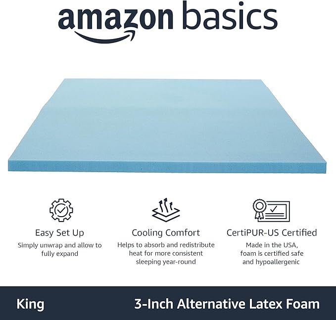 Amazon Basics King Cooling Gel-Infused Memory Foam Mattress Topper, CertiPUR-US Certified, 3 inches, Blue