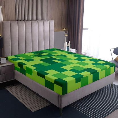 Pixelated Blocks Boys Girls Bed Sheets,Patchwork Square Video Games Room Decor,Abstract Geometric Grid Kids Twin Size Fitted Sheet,Green Bedding Set,1 Pillowcase(No Flat)